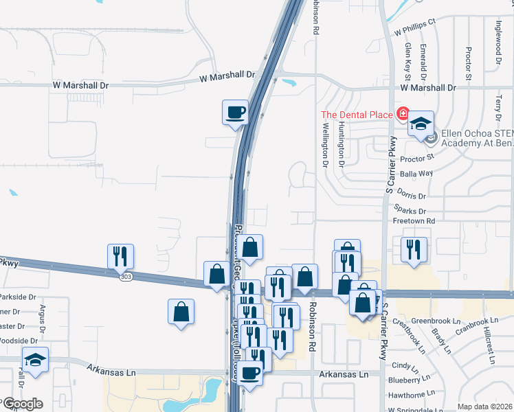 map of restaurants, bars, coffee shops, grocery stores, and more near 1933 State Highway 161 in Grand Prairie