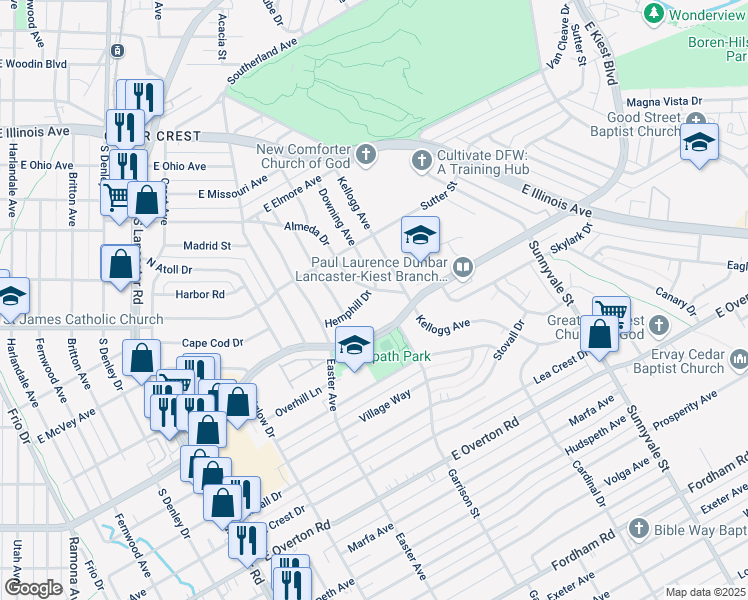 map of restaurants, bars, coffee shops, grocery stores, and more near 1805 East Kiest Boulevard in Dallas