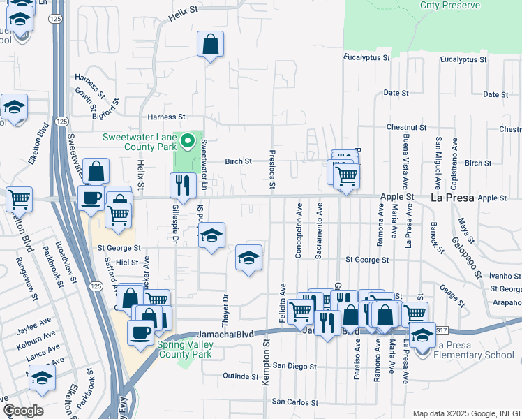 map of restaurants, bars, coffee shops, grocery stores, and more near 865 Kempton Street in Spring Valley