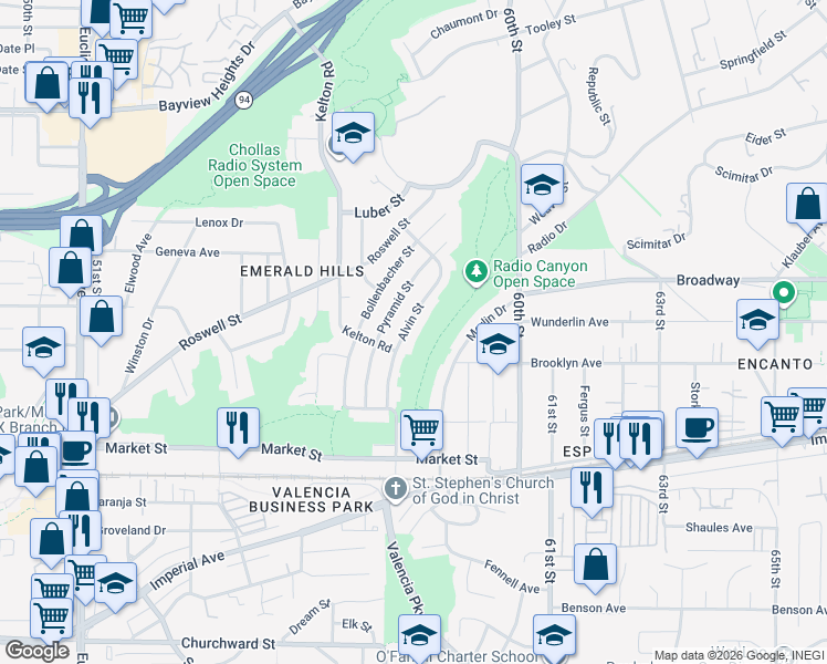 map of restaurants, bars, coffee shops, grocery stores, and more near 755 Alvin Street in San Diego