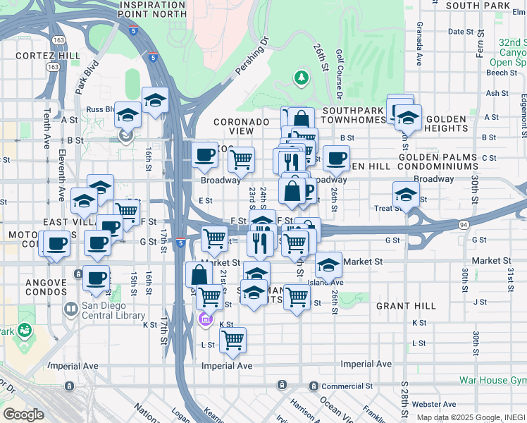 map of restaurants, bars, coffee shops, grocery stores, and more near 2406 F Street in San Diego