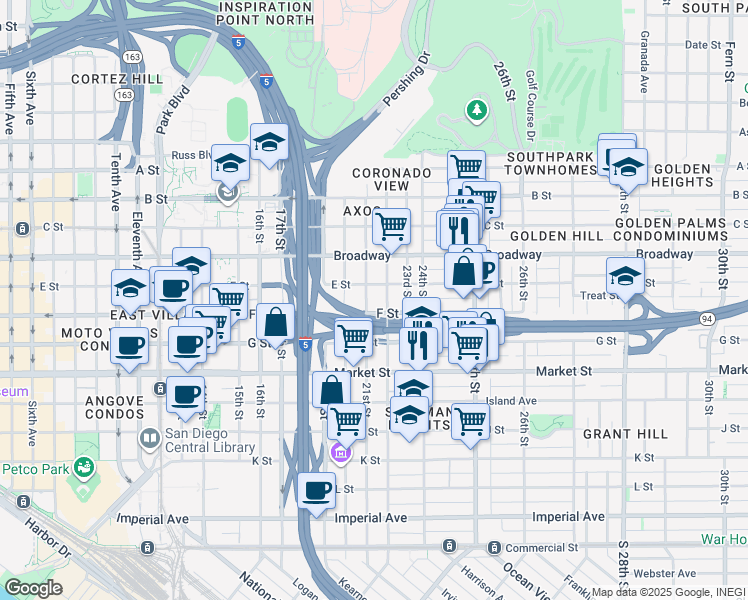 map of restaurants, bars, coffee shops, grocery stores, and more near 726-778 22nd Street in San Diego