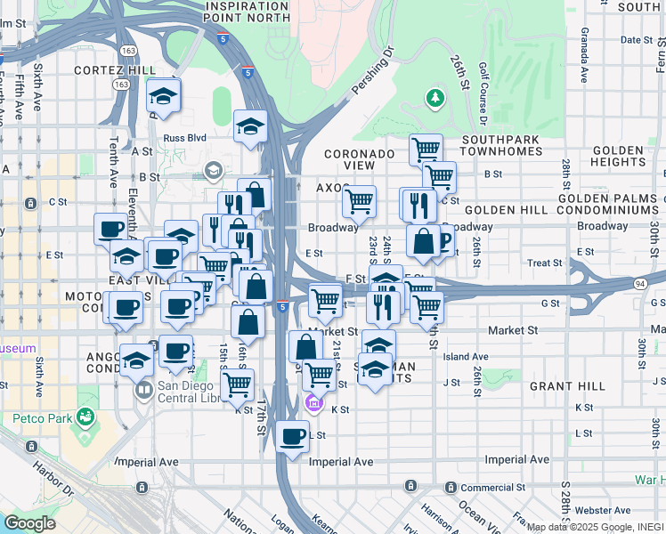 map of restaurants, bars, coffee shops, grocery stores, and more near 2038 F Street in San Diego