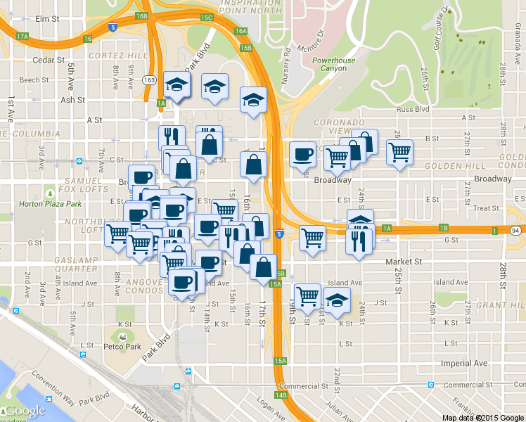 map of restaurants, bars, coffee shops, grocery stores, and more near 756 17th Street in San Diego