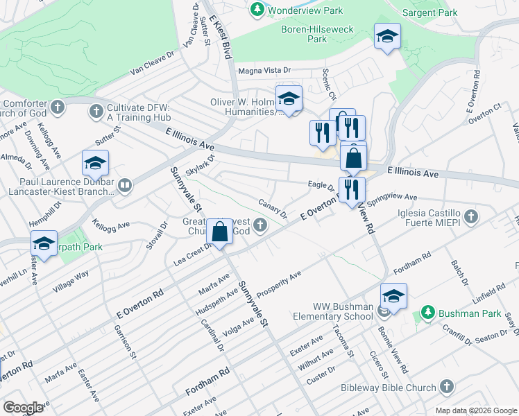 map of restaurants, bars, coffee shops, grocery stores, and more near 2840 Canary Dr in Dallas
