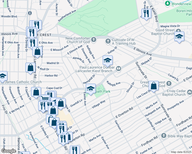 map of restaurants, bars, coffee shops, grocery stores, and more near 1805 East Kiest Boulevard in Dallas