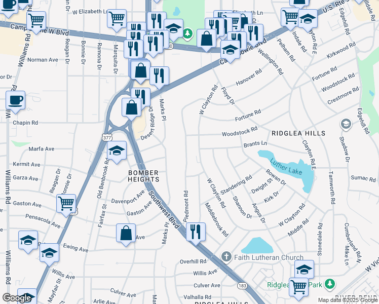 map of restaurants, bars, coffee shops, grocery stores, and more near 3924 West Clayton Road in Fort Worth