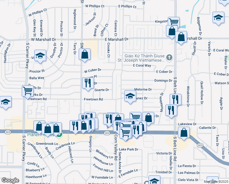 map of restaurants, bars, coffee shops, grocery stores, and more near 2146 Southeast 4th Street in Grand Prairie