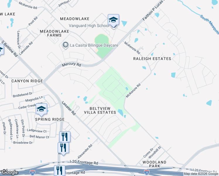 map of restaurants, bars, coffee shops, grocery stores, and more near 2500 McKenzie Road in Mesquite