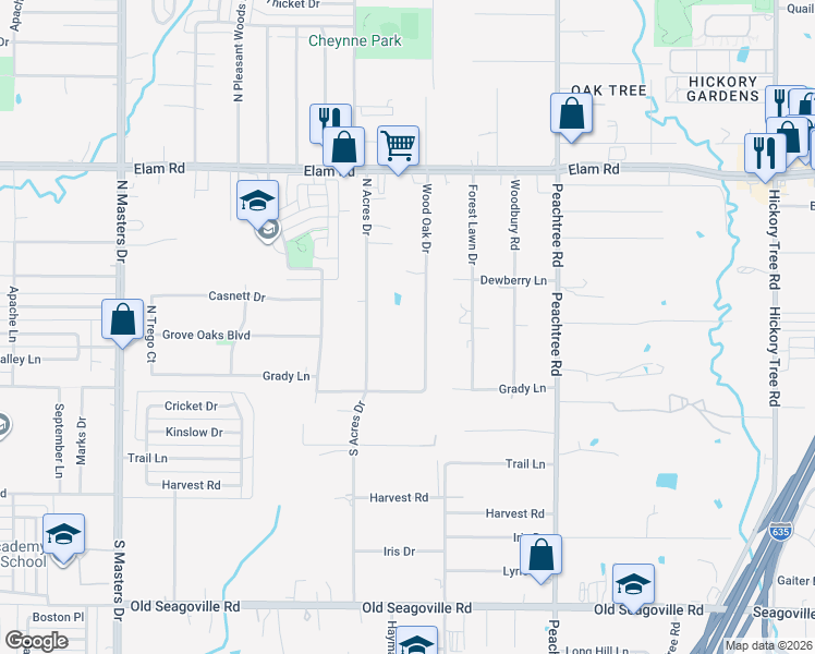 map of restaurants, bars, coffee shops, grocery stores, and more near 4021 Wood Oak Drive in Balch Springs
