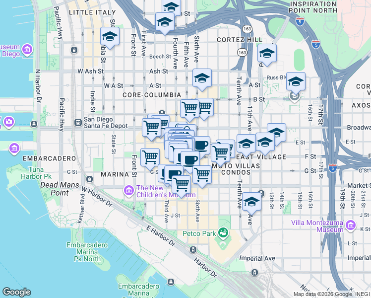 map of restaurants, bars, coffee shops, grocery stores, and more near in San Diego