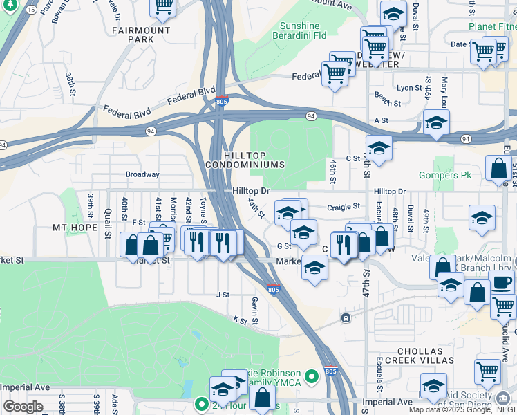 map of restaurants, bars, coffee shops, grocery stores, and more near 821 44th Street in San Diego