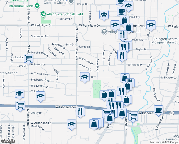 map of restaurants, bars, coffee shops, grocery stores, and more near 1109 West Tucker Boulevard in Arlington