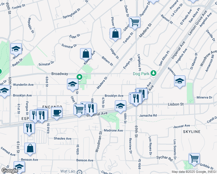 map of restaurants, bars, coffee shops, grocery stores, and more near 6706 Brooklyn Avenue in San Diego