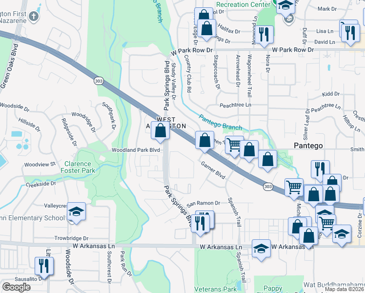 map of restaurants, bars, coffee shops, grocery stores, and more near 3708 West Pioneer Parkway in Pantego