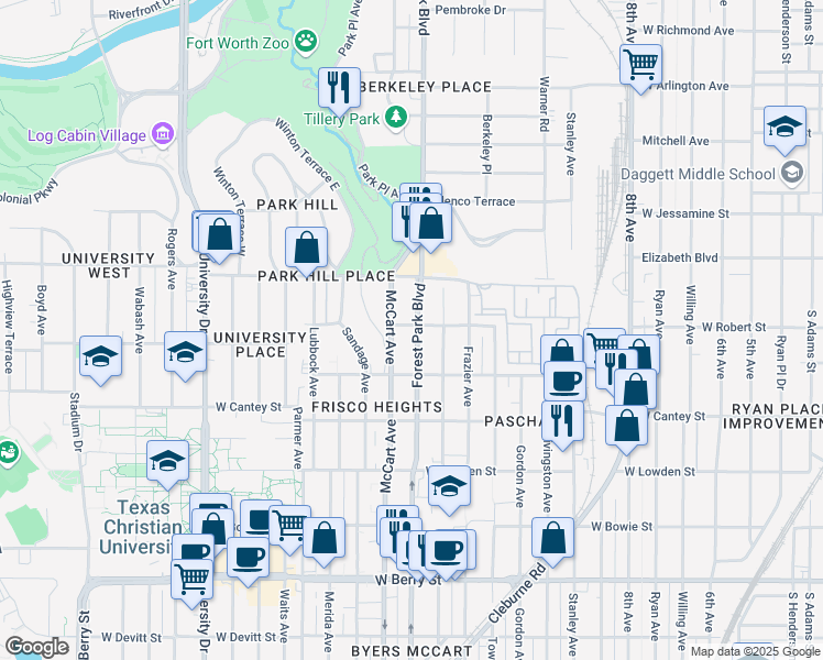 map of restaurants, bars, coffee shops, grocery stores, and more near 2600 Forest Park Boulevard in Fort Worth
