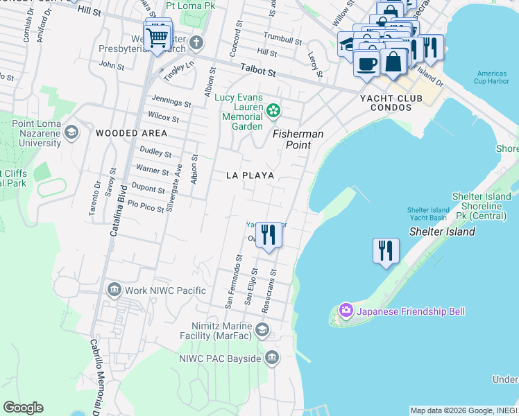 map of restaurants, bars, coffee shops, grocery stores, and more near 3125 Qualtrough Street in San Diego