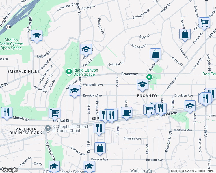 map of restaurants, bars, coffee shops, grocery stores, and more near 6205 Wunderlin Avenue in San Diego