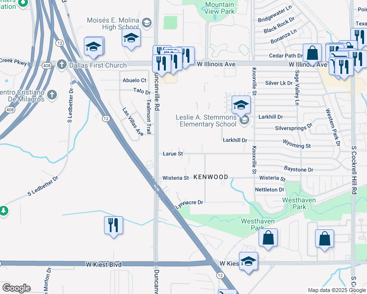 map of restaurants, bars, coffee shops, grocery stores, and more near 2740 Duncanville Road in Dallas