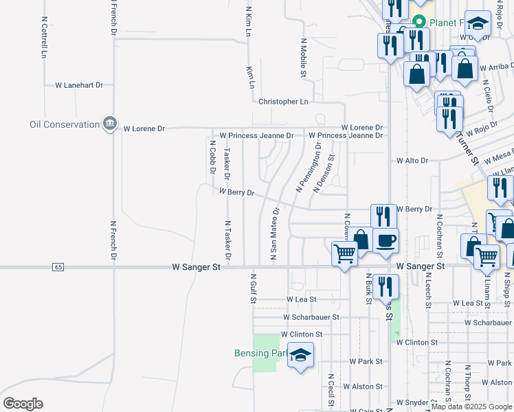 map of restaurants, bars, coffee shops, grocery stores, and more near 1416 W Berry Dr in Hobbs