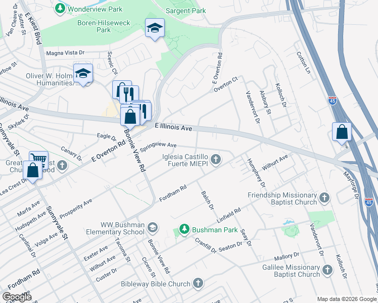 map of restaurants, bars, coffee shops, grocery stores, and more near 3237 Springview Avenue in Dallas