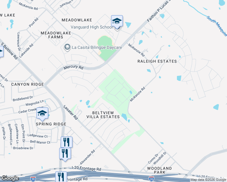 map of restaurants, bars, coffee shops, grocery stores, and more near 2501 McKenzie Road in Mesquite
