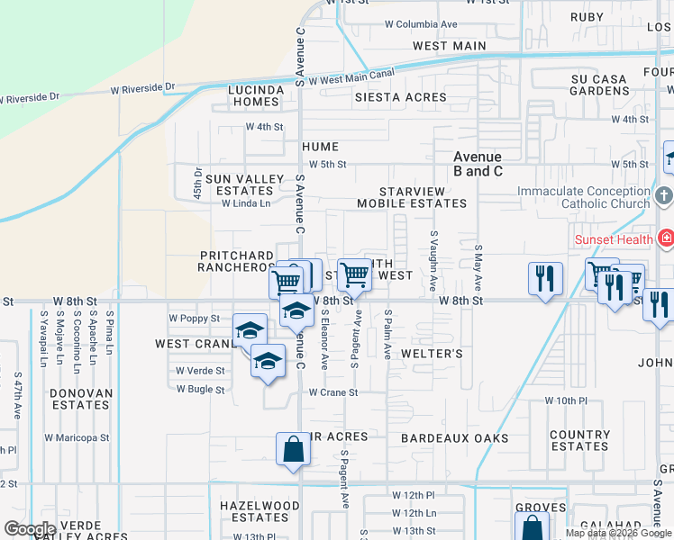 map of restaurants, bars, coffee shops, grocery stores, and more near 645-749 S El Prado Rd in Yuma