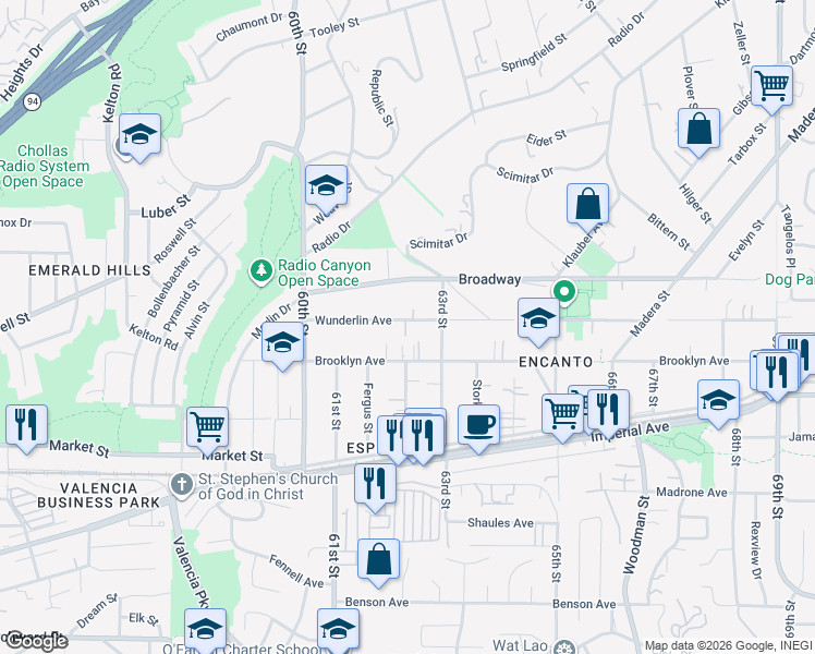 map of restaurants, bars, coffee shops, grocery stores, and more near 6205 Wunderlin Avenue in San Diego