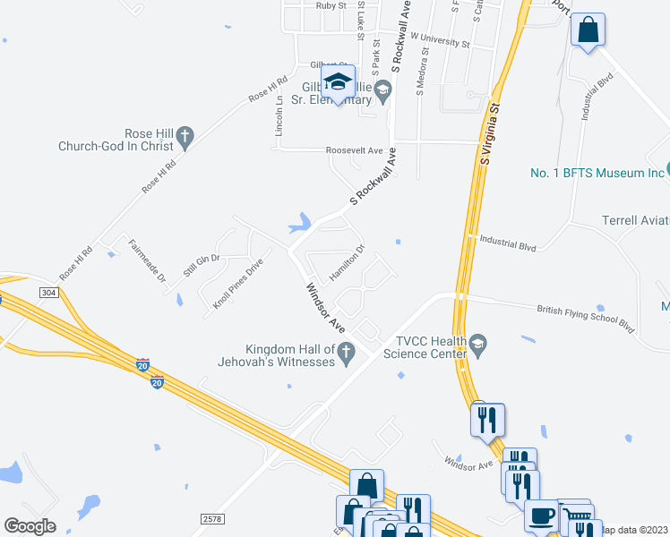 map of restaurants, bars, coffee shops, grocery stores, and more near 121 Hamilton Drive in Terrell