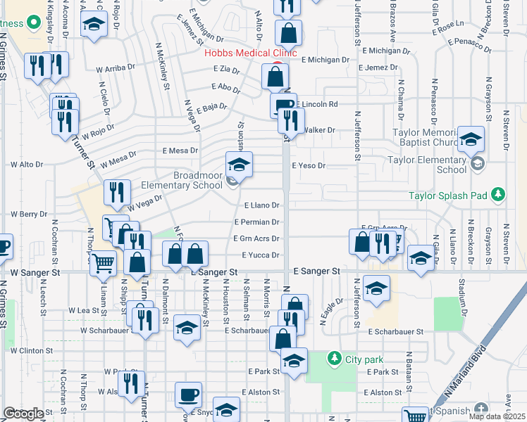 map of restaurants, bars, coffee shops, grocery stores, and more near 621 East Luna Drive in Hobbs