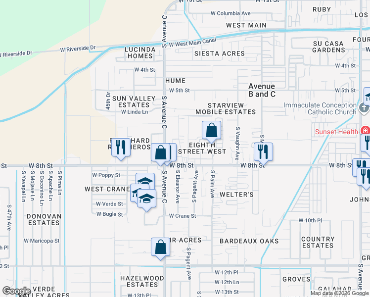 map of restaurants, bars, coffee shops, grocery stores, and more near 645-749 S El Prado Rd in Yuma