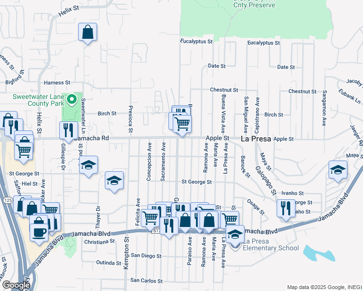 map of restaurants, bars, coffee shops, grocery stores, and more near 9410 Apple Street in Spring Valley