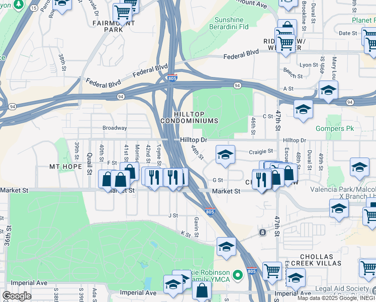 map of restaurants, bars, coffee shops, grocery stores, and more near 4339 Hilltop Drive in San Diego