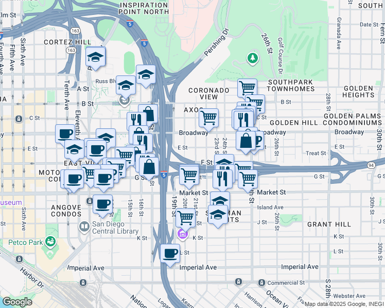 map of restaurants, bars, coffee shops, grocery stores, and more near 917 20th Street in San Diego