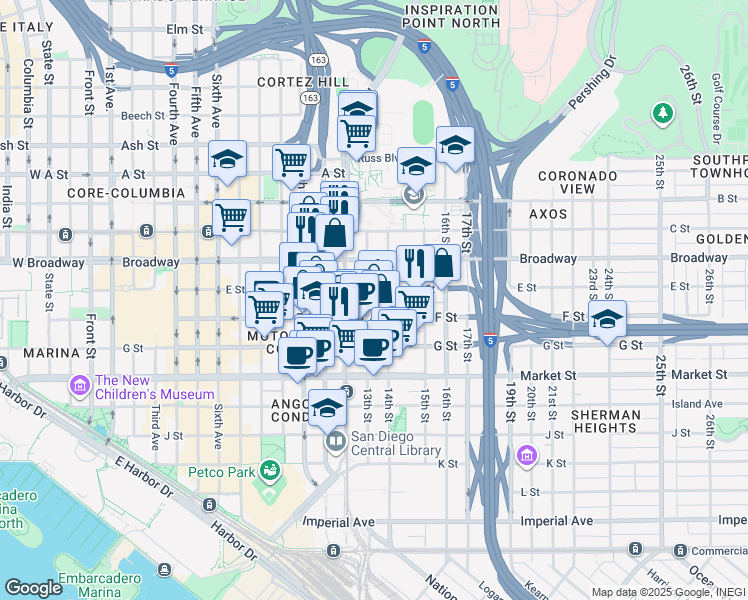 map of restaurants, bars, coffee shops, grocery stores, and more near 901 12th Avenue in San Diego