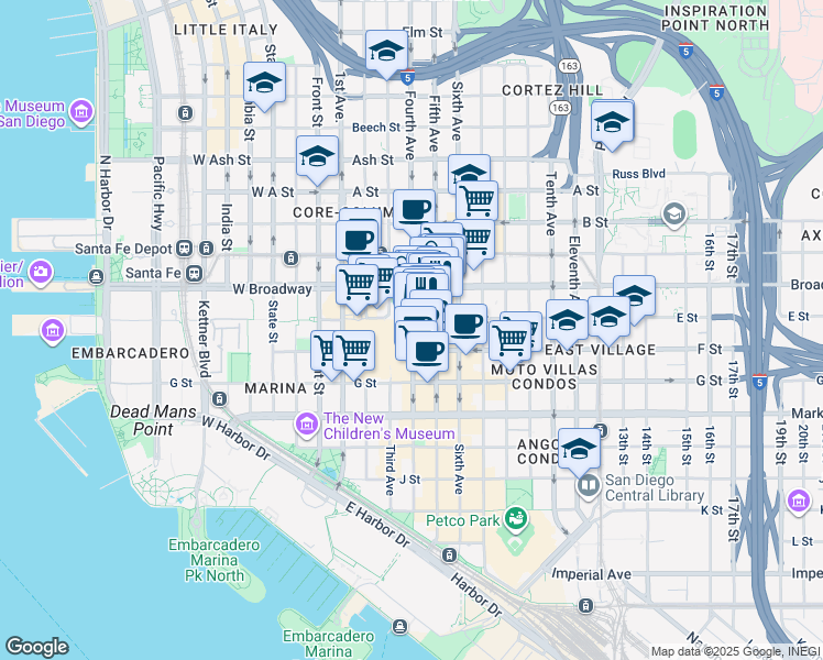 map of restaurants, bars, coffee shops, grocery stores, and more near in San Diego