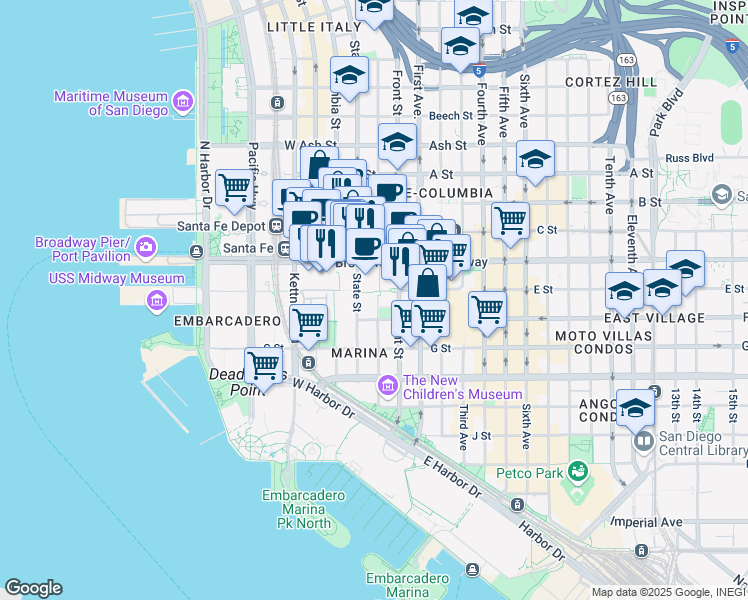 map of restaurants, bars, coffee shops, grocery stores, and more near 365 Broadway in San Diego