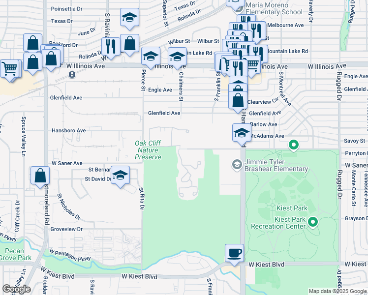 map of restaurants, bars, coffee shops, grocery stores, and more near 2515 Perryton Drive in Dallas