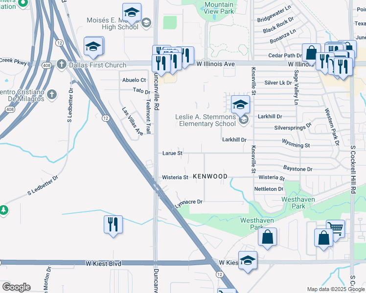 map of restaurants, bars, coffee shops, grocery stores, and more near 2740 Duncanville Road in Dallas