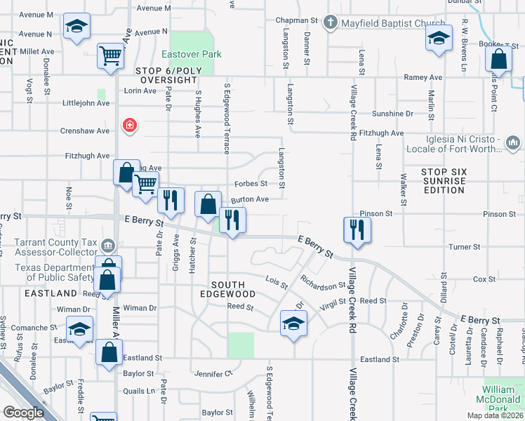 map of restaurants, bars, coffee shops, grocery stores, and more near 4637 Burton Avenue in Fort Worth