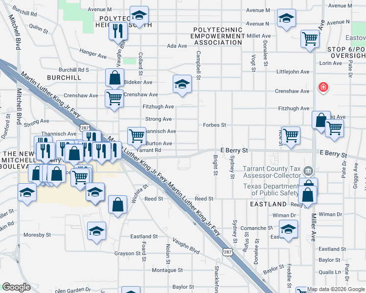 map of restaurants, bars, coffee shops, grocery stores, and more near 3500 Thannisch Avenue in Fort Worth