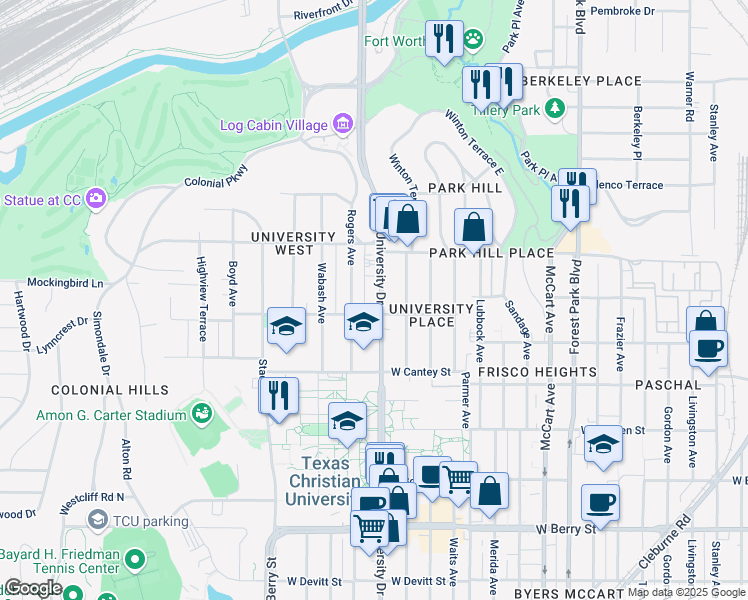 map of restaurants, bars, coffee shops, grocery stores, and more near 2534 South University Drive in Fort Worth