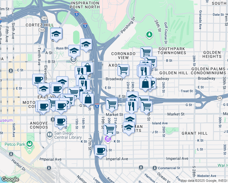map of restaurants, bars, coffee shops, grocery stores, and more near 917 20th Street in San Diego