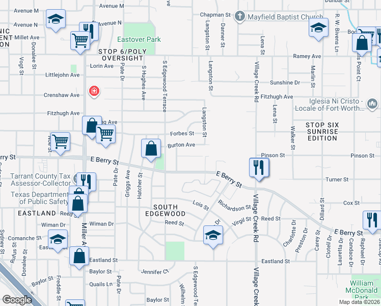map of restaurants, bars, coffee shops, grocery stores, and more near 4637 Burton Avenue in Fort Worth