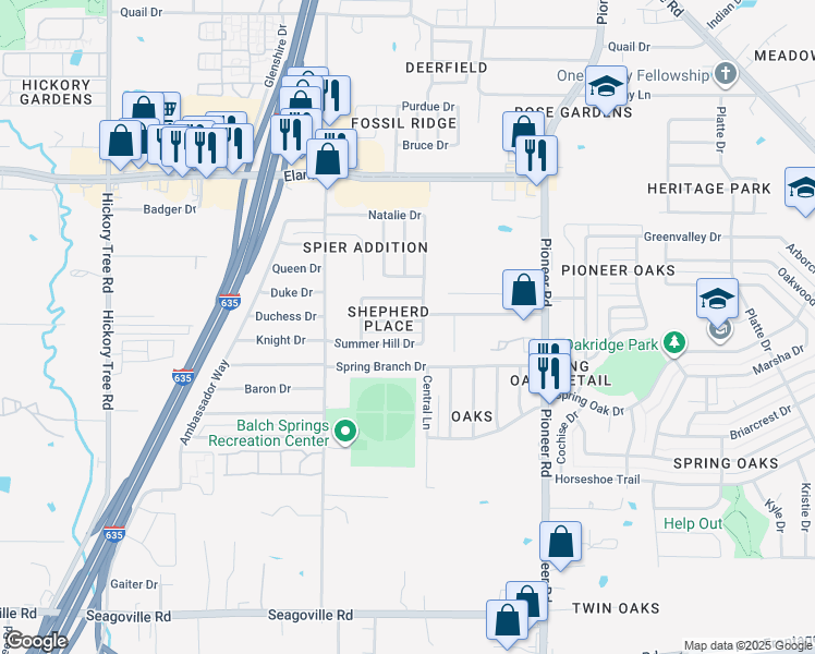 map of restaurants, bars, coffee shops, grocery stores, and more near 12708 Winter Park in Balch Springs