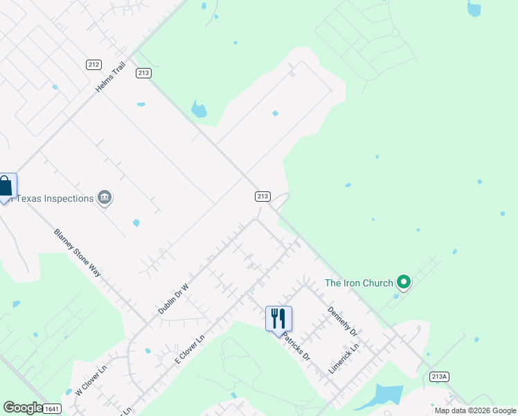map of restaurants, bars, coffee shops, grocery stores, and more near 10507 Dublin Drive West in Forney