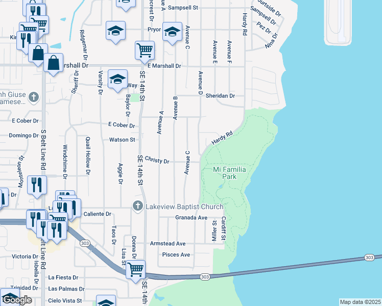 map of restaurants, bars, coffee shops, grocery stores, and more near 2113 Avenue C in Grand Prairie