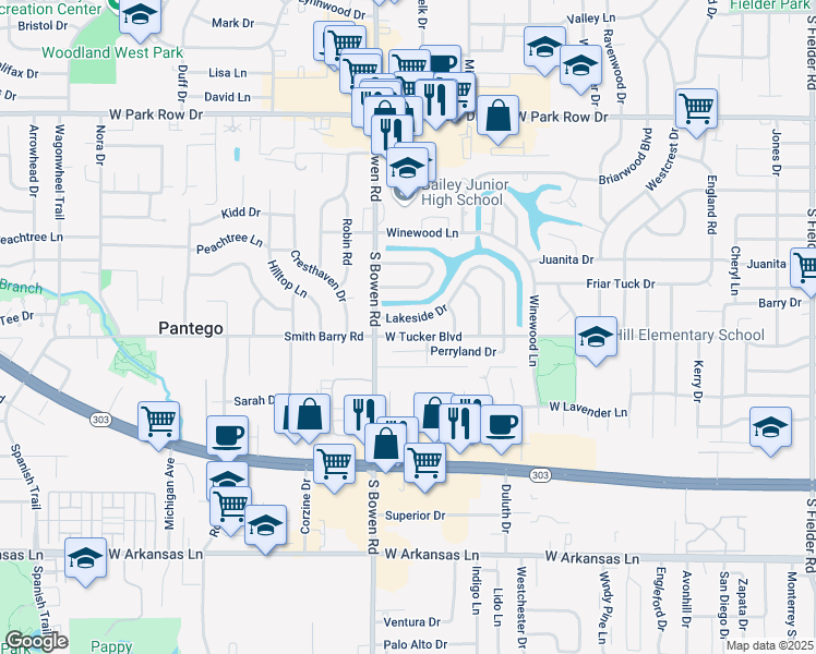 map of restaurants, bars, coffee shops, grocery stores, and more near 2411 Lakeside Drive in Arlington