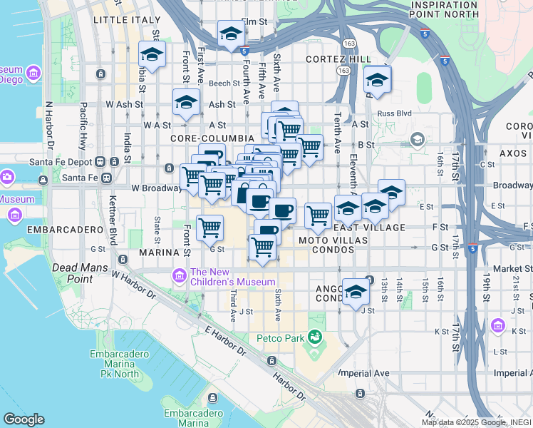 map of restaurants, bars, coffee shops, grocery stores, and more near in San Diego