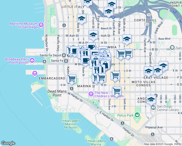 map of restaurants, bars, coffee shops, grocery stores, and more near 438 Third Avenue in San Diego